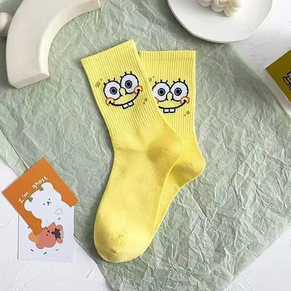 5Pair Spongebobed Anime Cotton Socks Boy Girl Long Tube Tide Socks Student Breathable Socks Anime Comfortable Mid-Calf Sock Gift