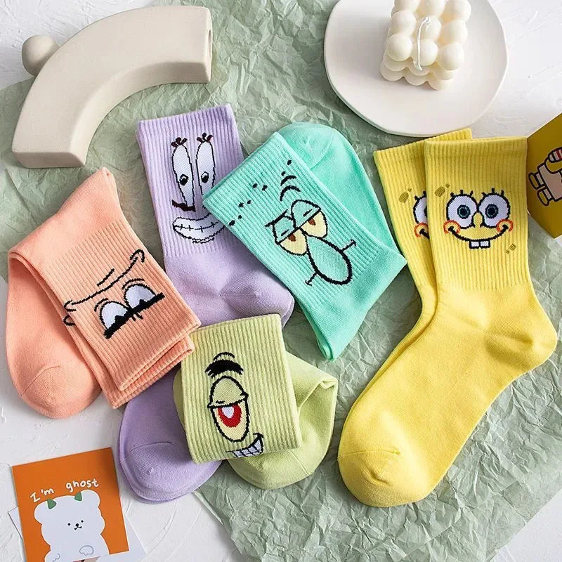 5Pair Spongebobed Anime Cotton Socks Boy Girl Long Tube Tide Socks Student Breathable Socks Anime Comfortable Mid-Calf Sock Gift